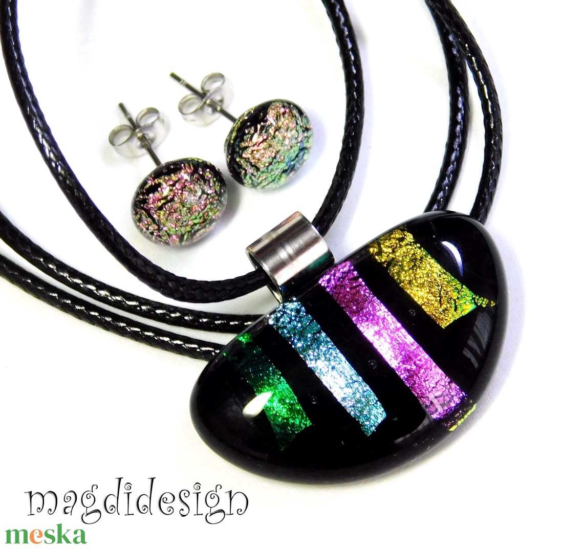 NEMESACÉL! Színes dichroic csikok üvegékszer szett, nyaklánc, stiftes fülbevaló 1 - ékszer - ékszerszett - Meska.hu
