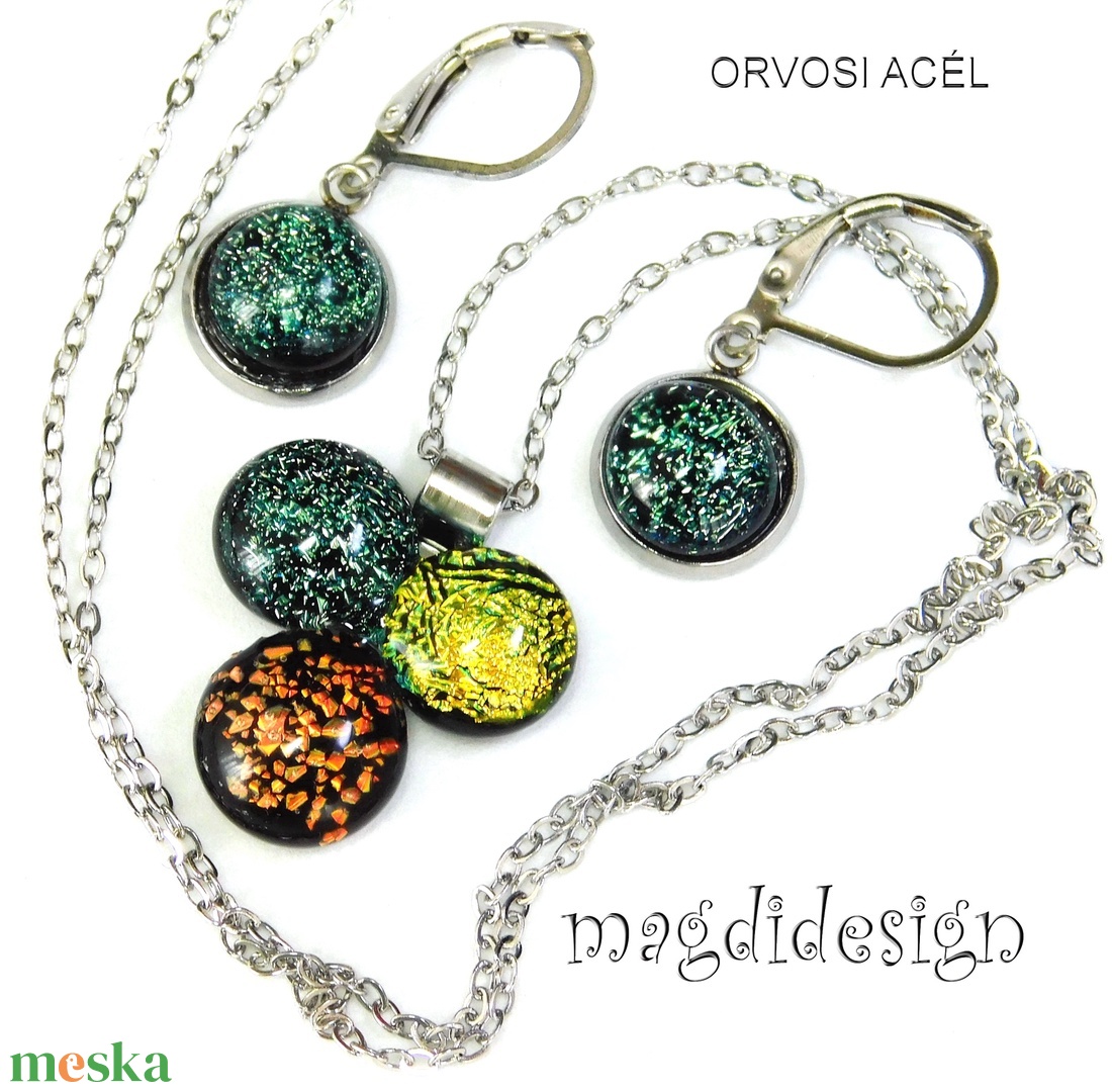 Aranyló dichroic bogyós színtrió üvegékszer szett nyaklánc kapcsos fülbevaló - ékszer - ékszerszett - Meska.hu