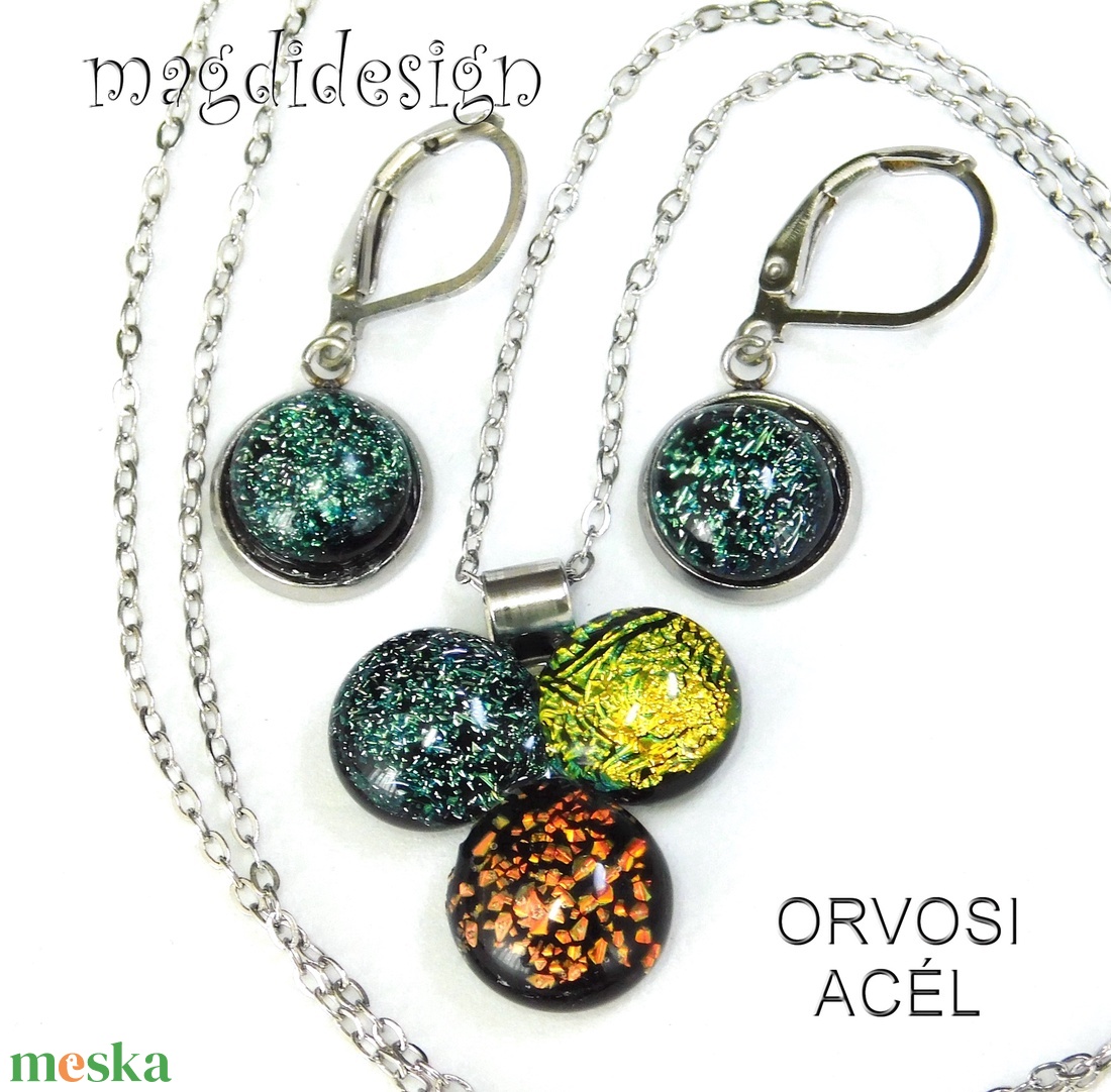 Aranyló dichroic bogyós színtrió üvegékszer szett nyaklánc kapcsos fülbevaló - ékszer - ékszerszett - Meska.hu