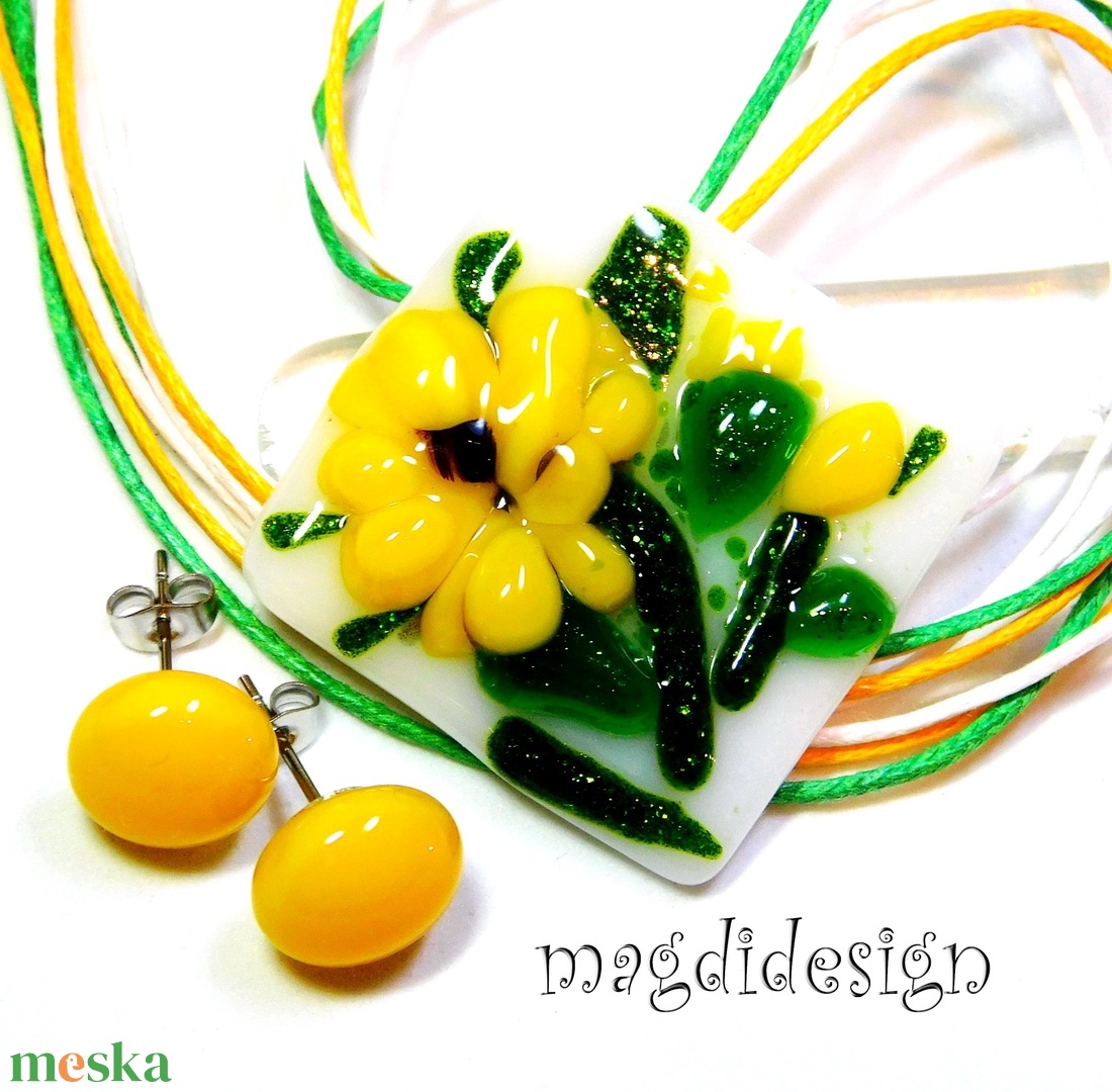 Napraforgó üvegékszer szett nyaklánc, stiftes fülbevaló - Ovodai ballagásra, Anyák napjába, névnapra - ékszer - ékszerszett - Meska.hu