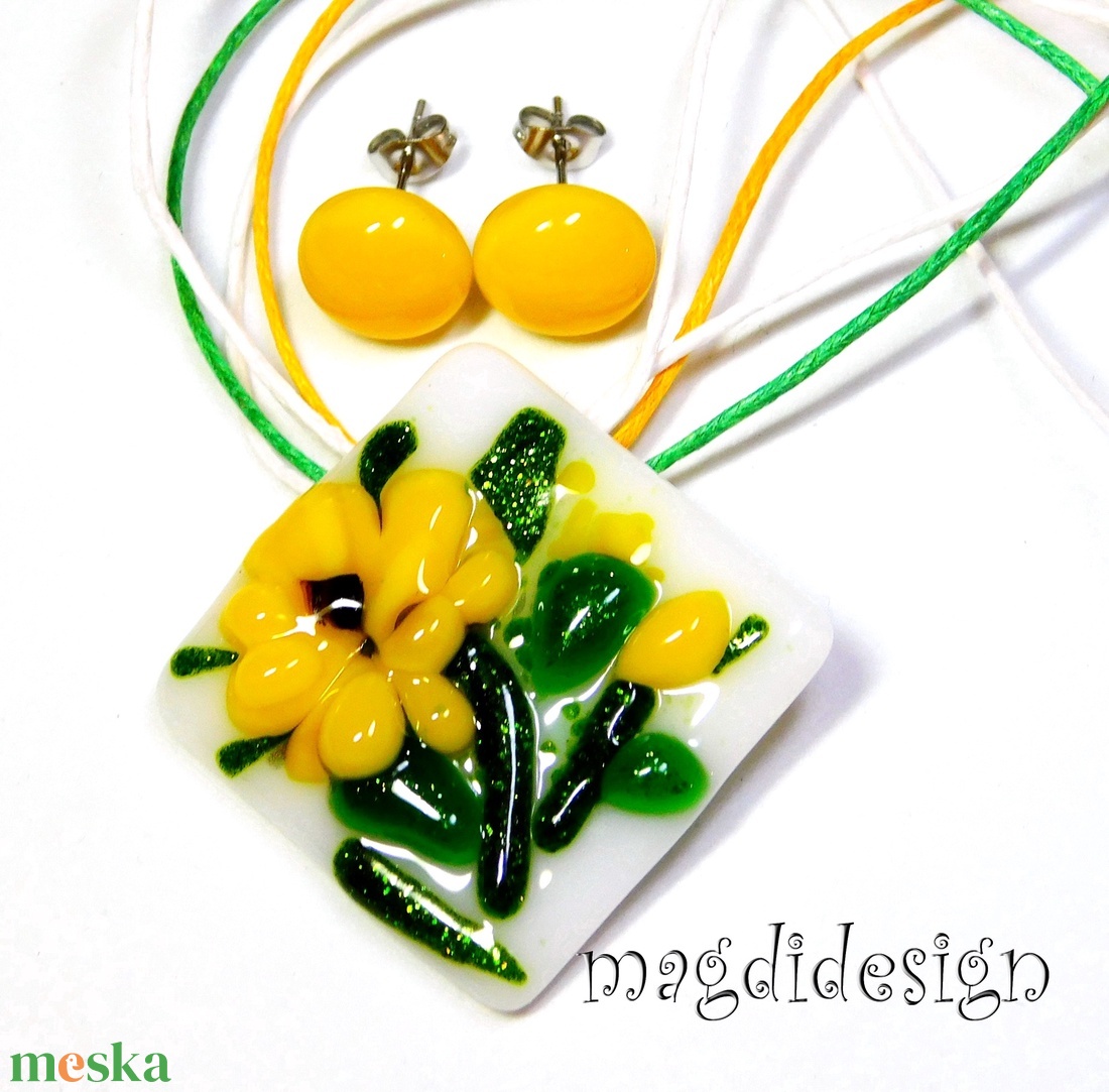 Napraforgó üvegékszer szett nyaklánc, stiftes fülbevaló - Ovodai ballagásra, Anyák napjába, névnapra - ékszer - ékszerszett - Meska.hu