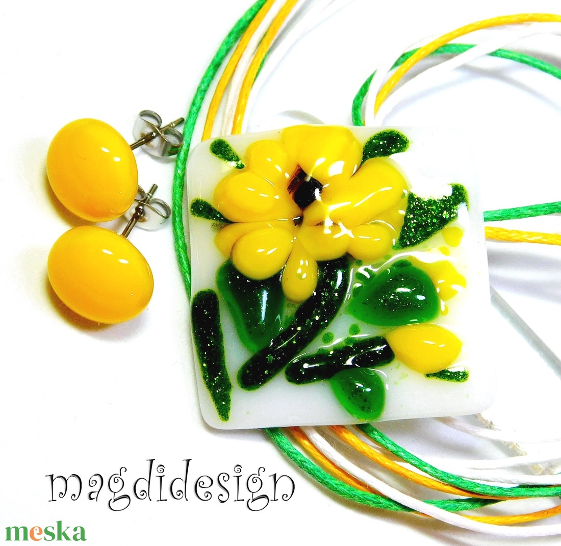 Napraforgó üvegékszer szett nyaklánc, stiftes fülbevaló - Ovodai ballagásra, Anyák napjába, névnapra - ékszer - ékszerszett - Meska.hu
