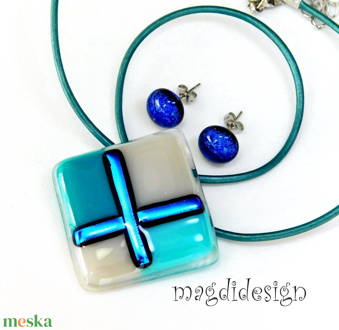 Absztrakt türkiz-beige üvegékszer szett   Anyák napjára, ballagásra, születésnapra, névnapra - ékszer - ékszerszett - Meska.hu