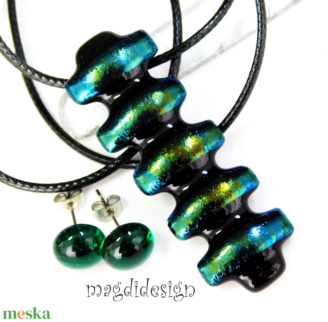 Türkizcsíkos eozinos üvegékszer szett nyaklánc stiftes fülbevaló - ékszer - ékszerszett - Meska.hu