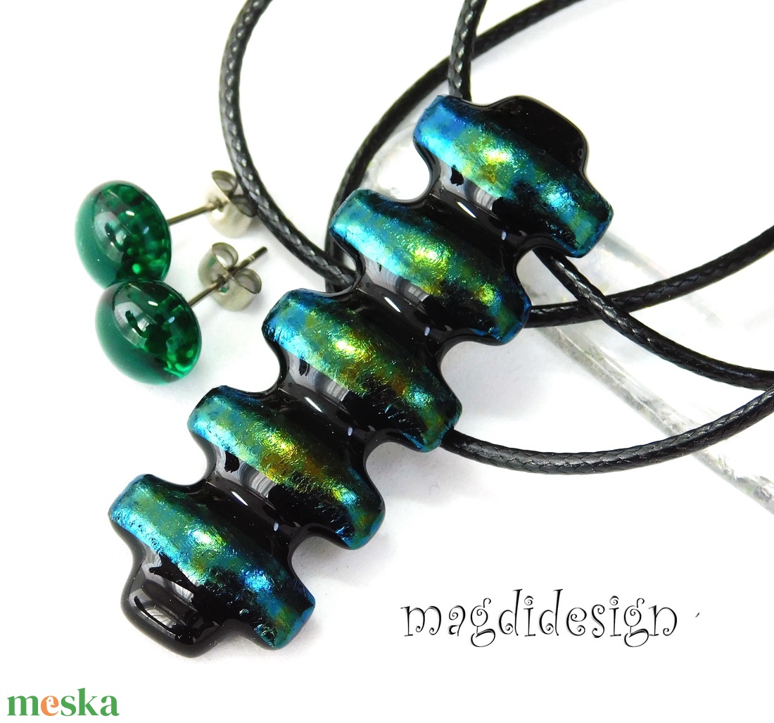 Türkizcsíkos eozinos üvegékszer szett nyaklánc stiftes fülbevaló - ékszer - ékszerszett - Meska.hu