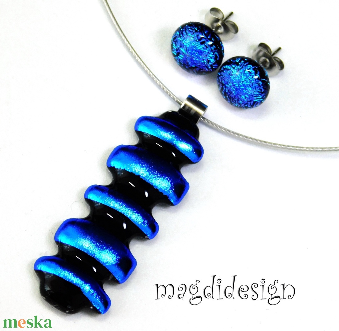 Kék csíkos eozinos üvegékszer szett nyaklánc stiftes fülbevaló - ékszer - ékszerszett - Meska.hu
