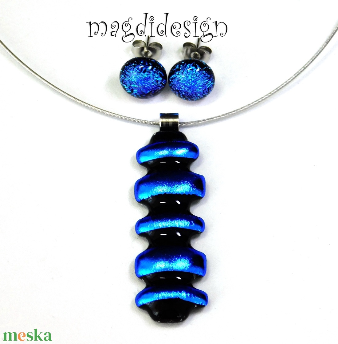 Kék csíkos eozinos üvegékszer szett nyaklánc stiftes fülbevaló - ékszer - ékszerszett - Meska.hu