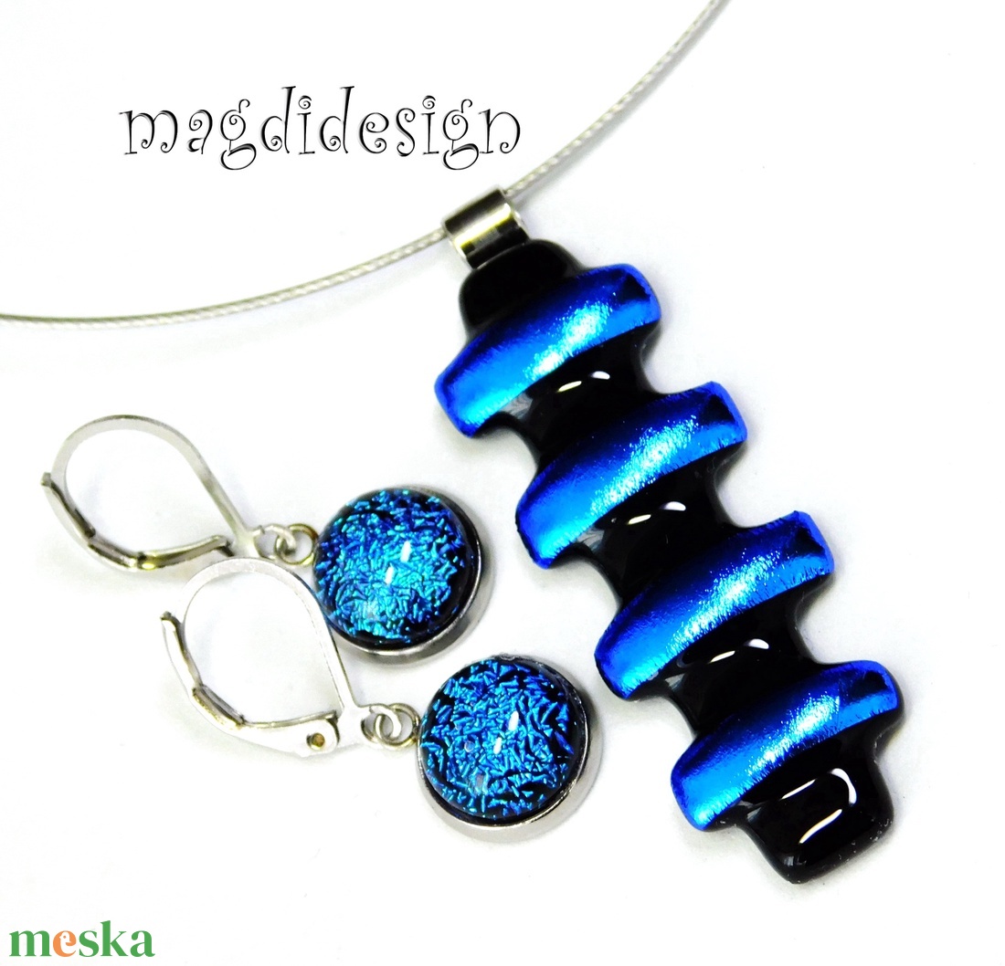 Kék csíkos dichroic üvegékszer szett nyaklánc kapcsos fülbevaló - ékszer - ékszerszett - Meska.hu