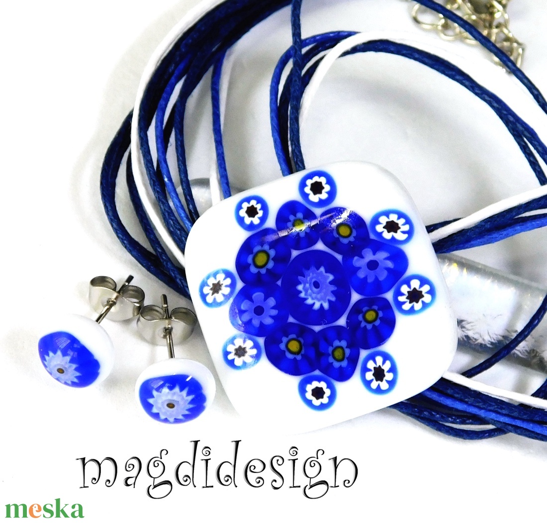 Kékfestő millefiori üvegékszer szett, nyaklánc, stiftes fülbevaló  - ékszer - ékszerszett - Meska.hu