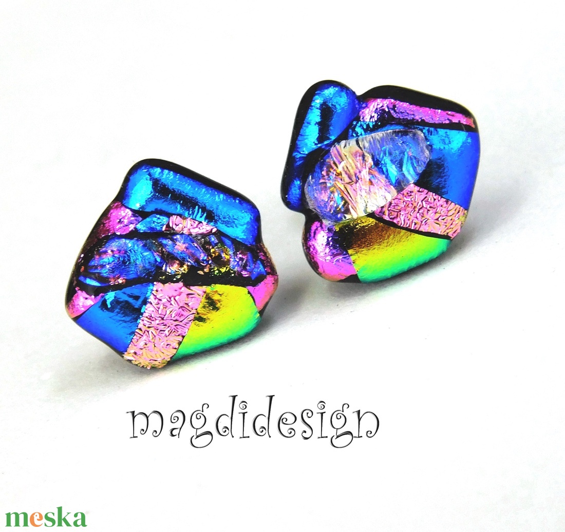 NEMESACÉL! Kék-rózsaszín-arany  borzaska dichroic üvegékszer stiftes fülbevaló  - ékszer - fülbevaló - pötty fülbevaló - Meska.hu
