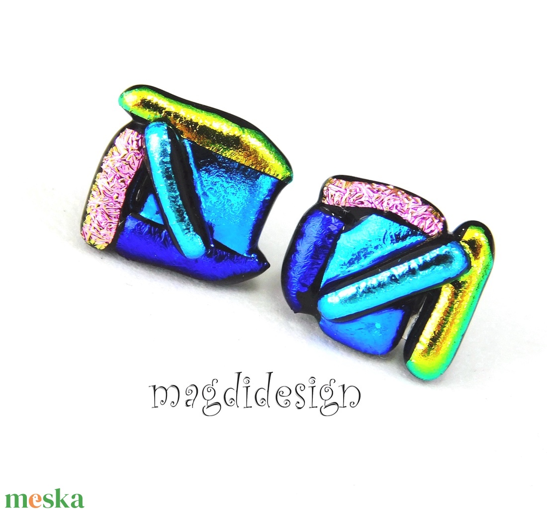 NEMESACÉL! Kék-rózsaszín-arany  borzaska dichroic üvegékszer stiftes fülbevaló  - ékszer - fülbevaló - pötty fülbevaló - Meska.hu