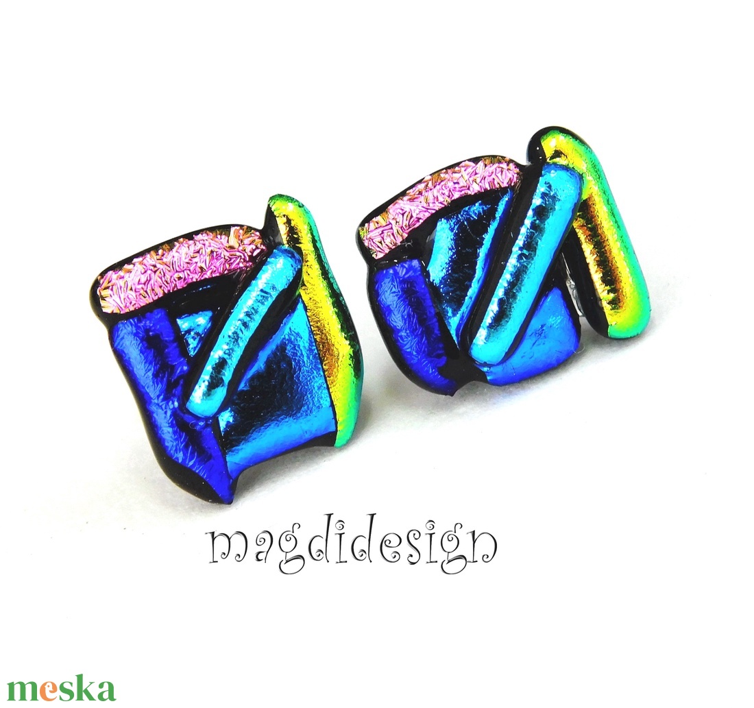NEMESACÉL! Kék-rózsaszín-arany  borzaska dichroic üvegékszer stiftes fülbevaló  - ékszer - fülbevaló - pötty fülbevaló - Meska.hu