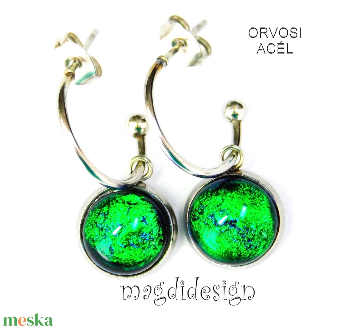 Színjátszó smaragzöld dichroic üvegékszer stiftes lógós nemesacél fülbevaló - ékszer - fülbevaló - lógó fülbevaló - Meska.hu