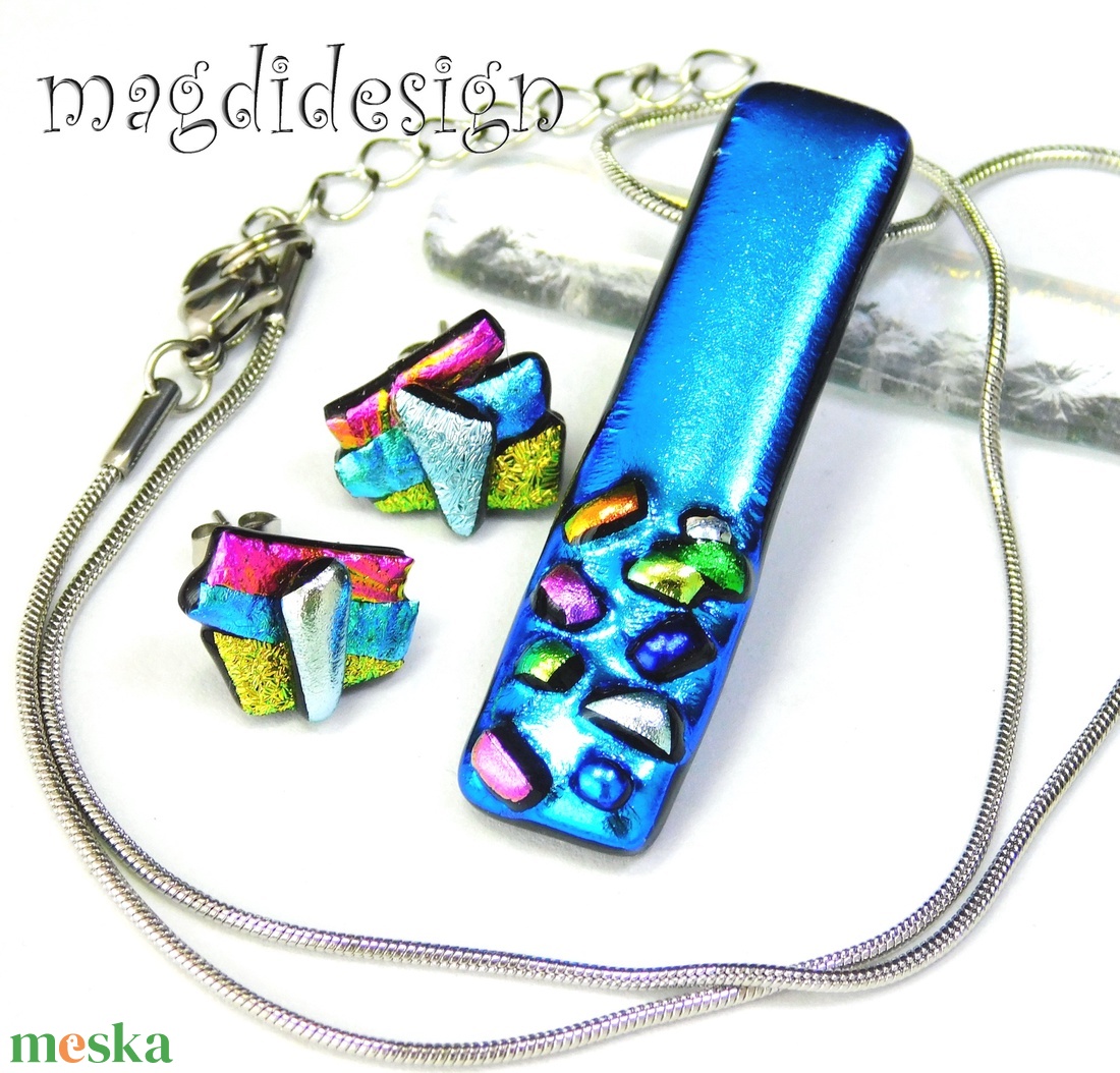 NEMESACÉL! Kékülő szines köves dichroic üvegékszer szett nyaklánc stiftes fülbevaló - ékszer - ékszerszett - Meska.hu