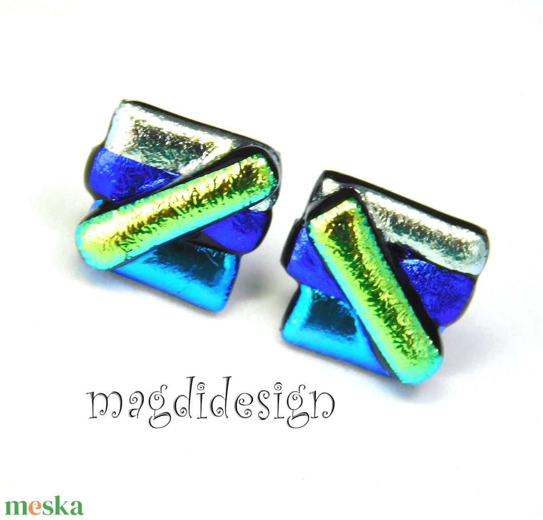 Kék-zöld-ezüst borzaska dichroic üvegékszer fülbevaló - ékszer - fülbevaló - pötty fülbevaló - Meska.hu