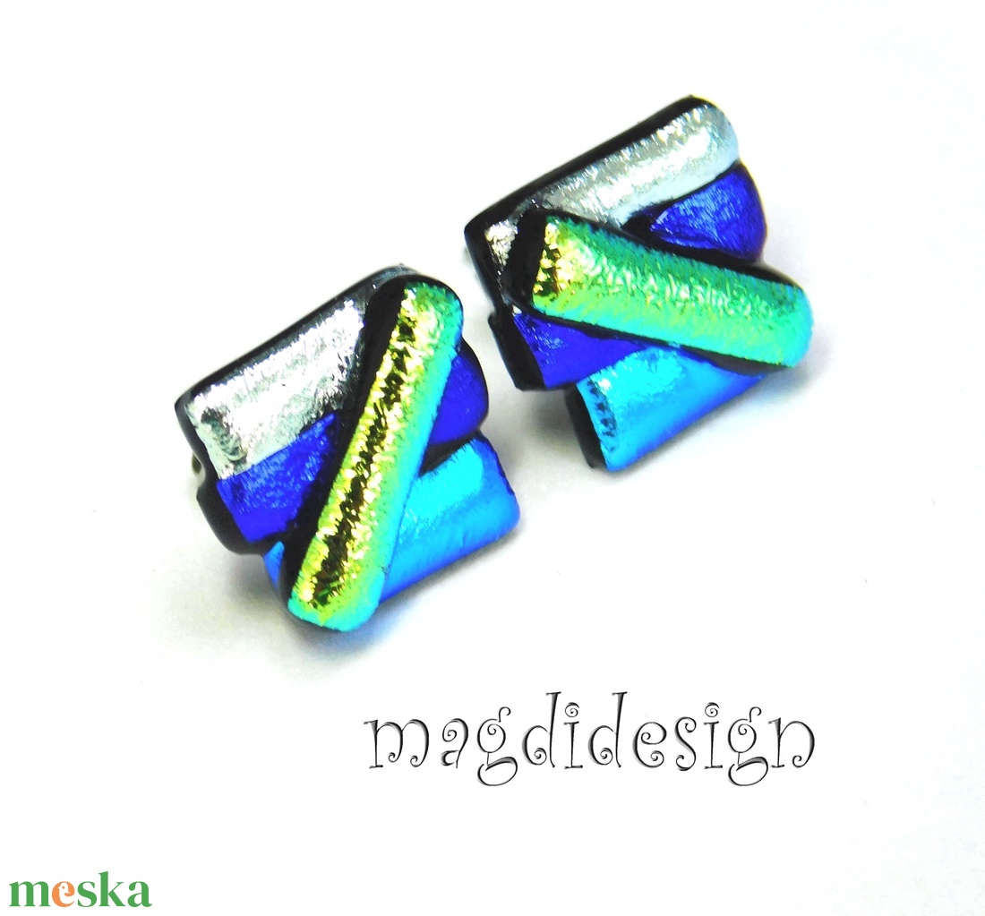 Kék-zöld-ezüst borzaska dichroic üvegékszer fülbevaló - ékszer - fülbevaló - pötty fülbevaló - Meska.hu