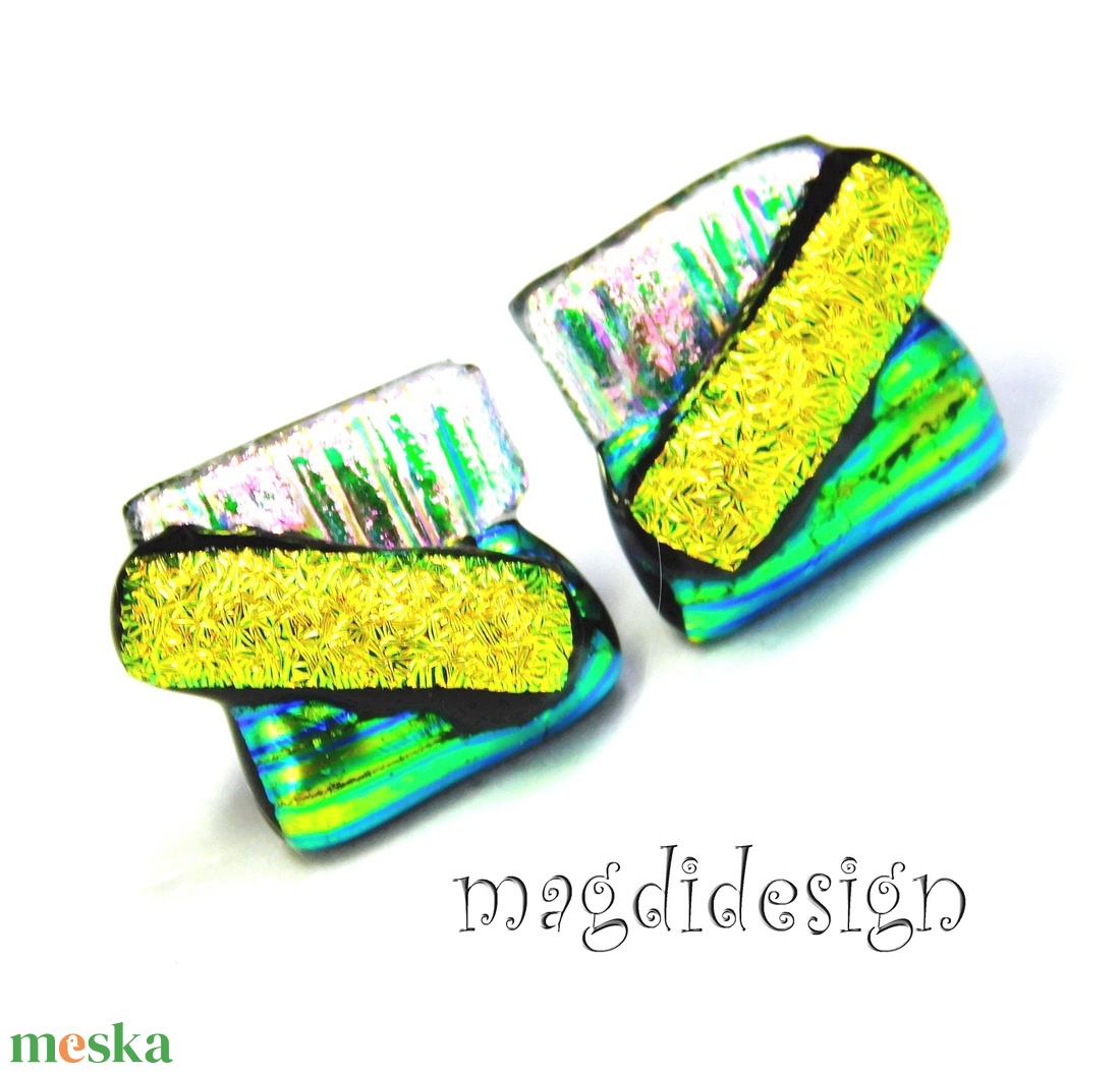 Kék-zöld-ezüst borzaska dichroic üvegékszer fülbevaló - ékszer - fülbevaló - pötty fülbevaló - Meska.hu