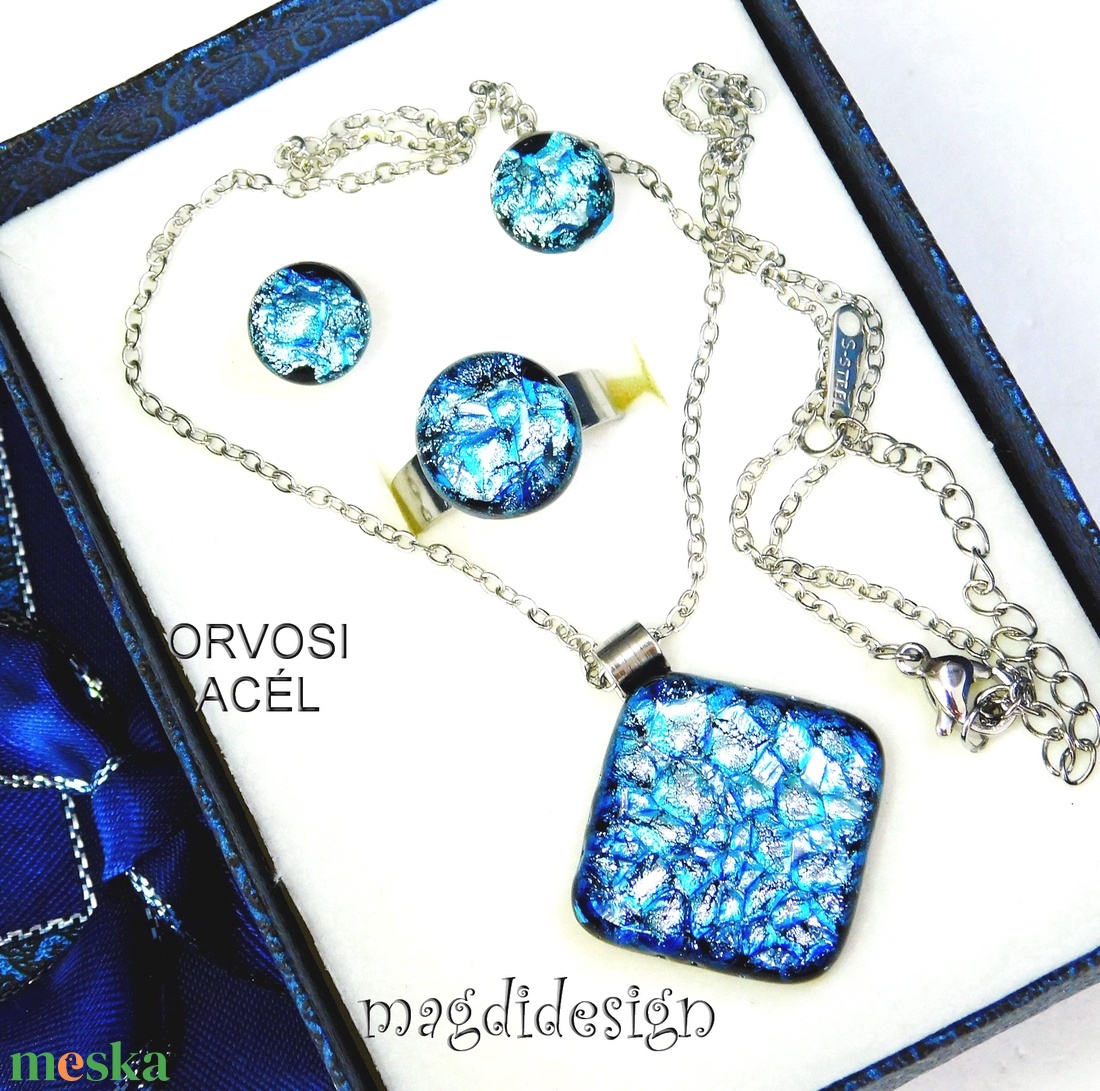 NEMESACÉL! Ezüstös kék dichroic üvegékszer szett nyaklánc, gyűrű, stiftes fülbevaló  - ékszer - ékszerszett - Meska.hu