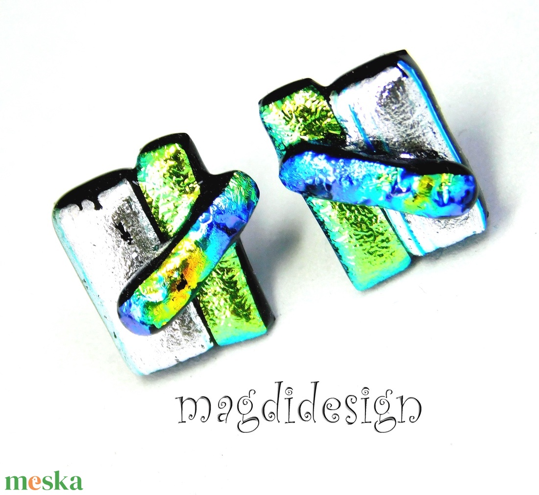 NEMESACÉL! Kék-ezüst-arany  borzaska dichroic üvegékszer stiftes fülbevaló  - ékszer - fülbevaló - pötty fülbevaló - Meska.hu