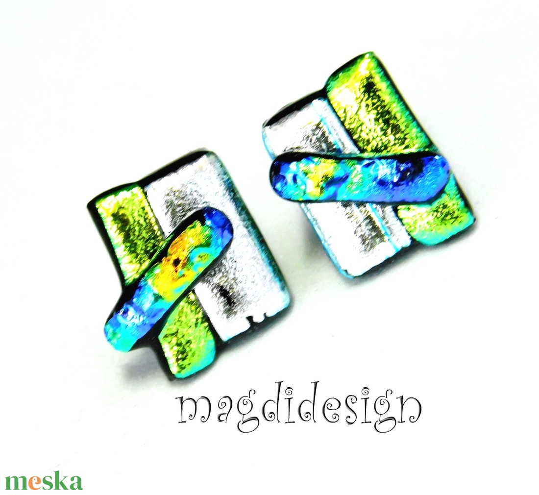 NEMESACÉL! Kék-ezüst-arany  borzaska dichroic üvegékszer stiftes fülbevaló  - ékszer - fülbevaló - pötty fülbevaló - Meska.hu