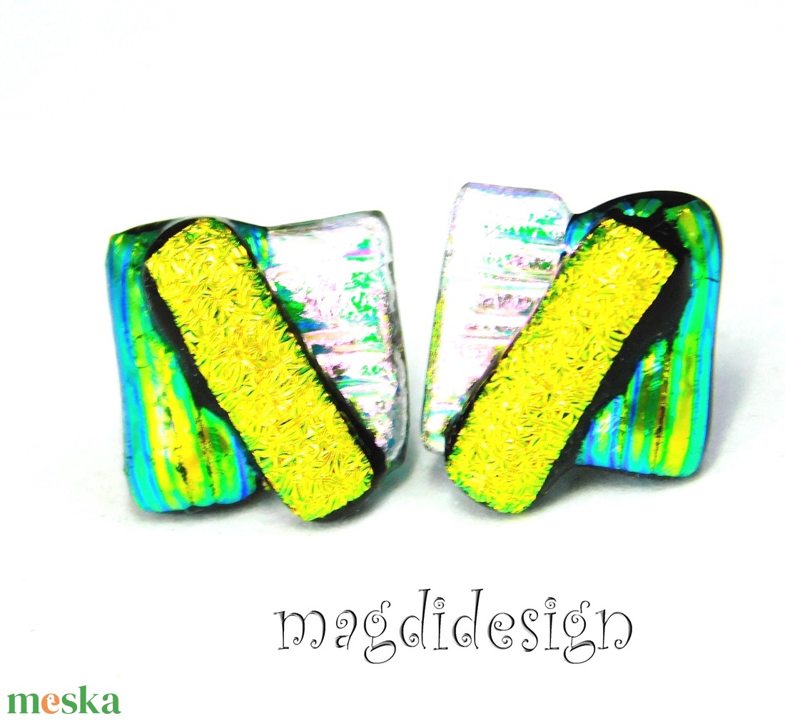 NEMESACÉL! Zöld-rózsaszín-arany  borzaska dichroic üvegékszer stiftes fülbevaló  - ékszer - fülbevaló - pötty fülbevaló - Meska.hu