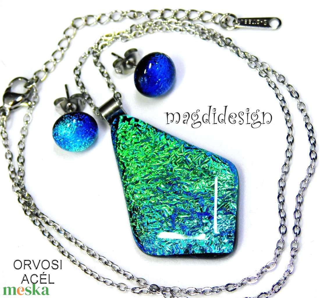  NEMESACÉL! Szikrázó zöld-kék-türkiz dichroic üvegékszer szett nyaklánc stiftes fülbevaló - ékszer - ékszerszett - Meska.hu