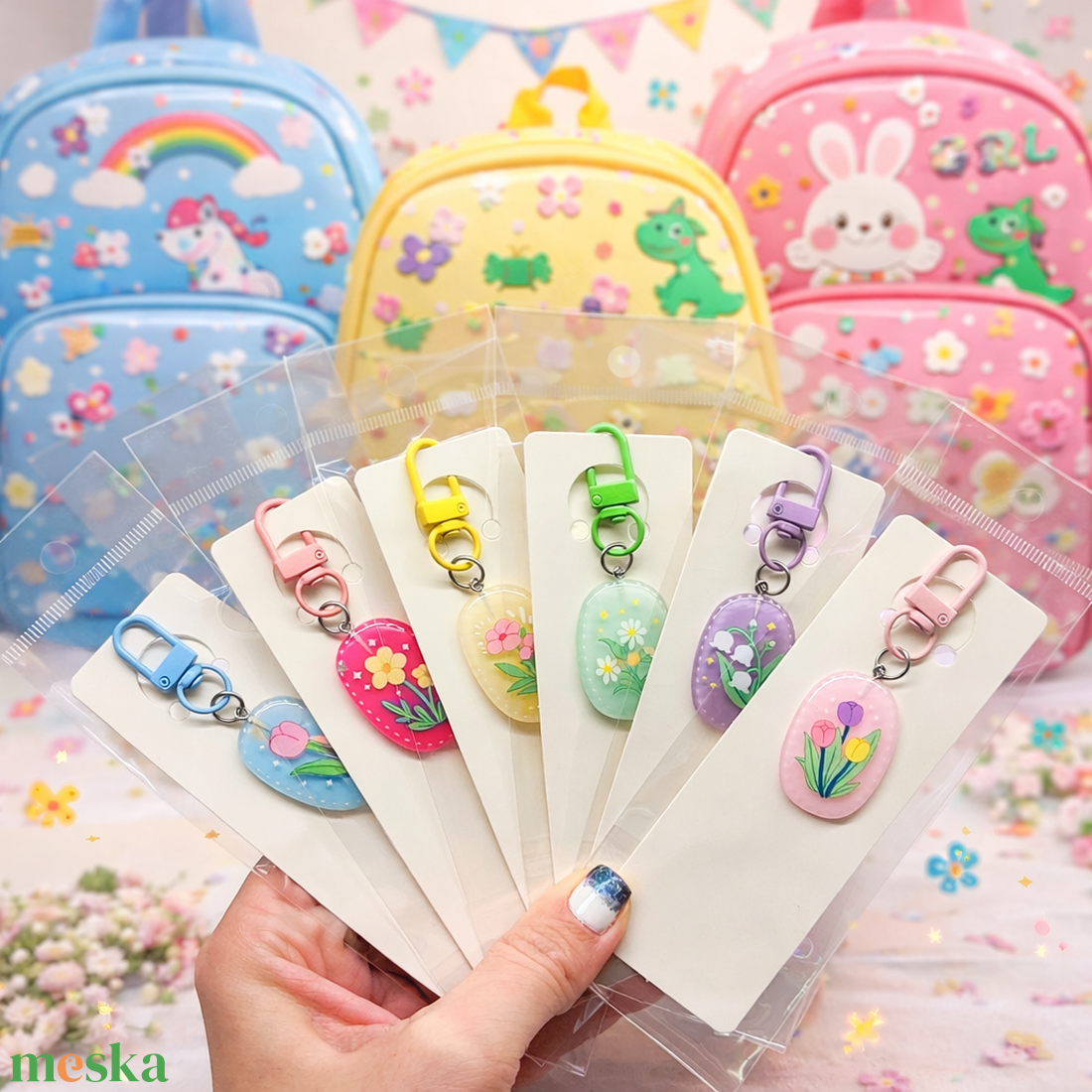 Virágos táskadísz gyerekeknek  - táska & tok - kulcstartó & táskadísz - táskaakasztó - Meska.hu