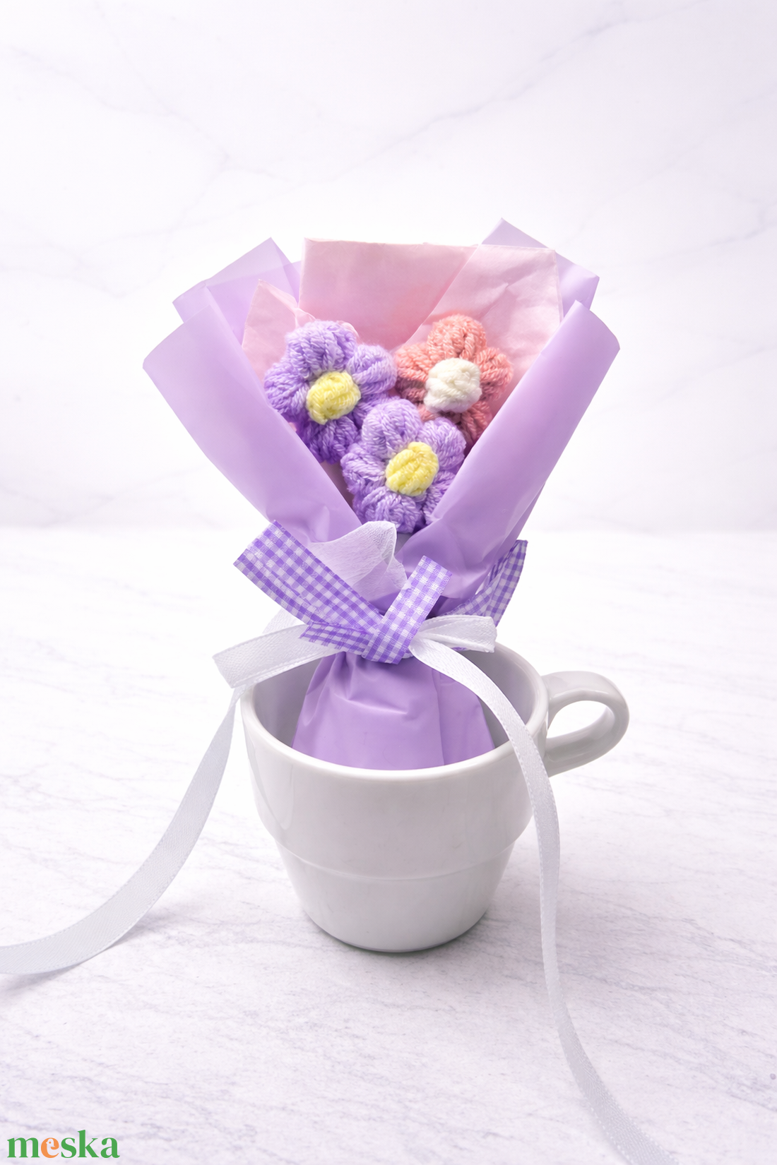 Mini fonalvirág csokor, kézzel készült örökcsokor, pasztell ajándék gyerekeknek - otthon & életmód - virágdekoráció - virágok - virágcsokor - Meska.hu