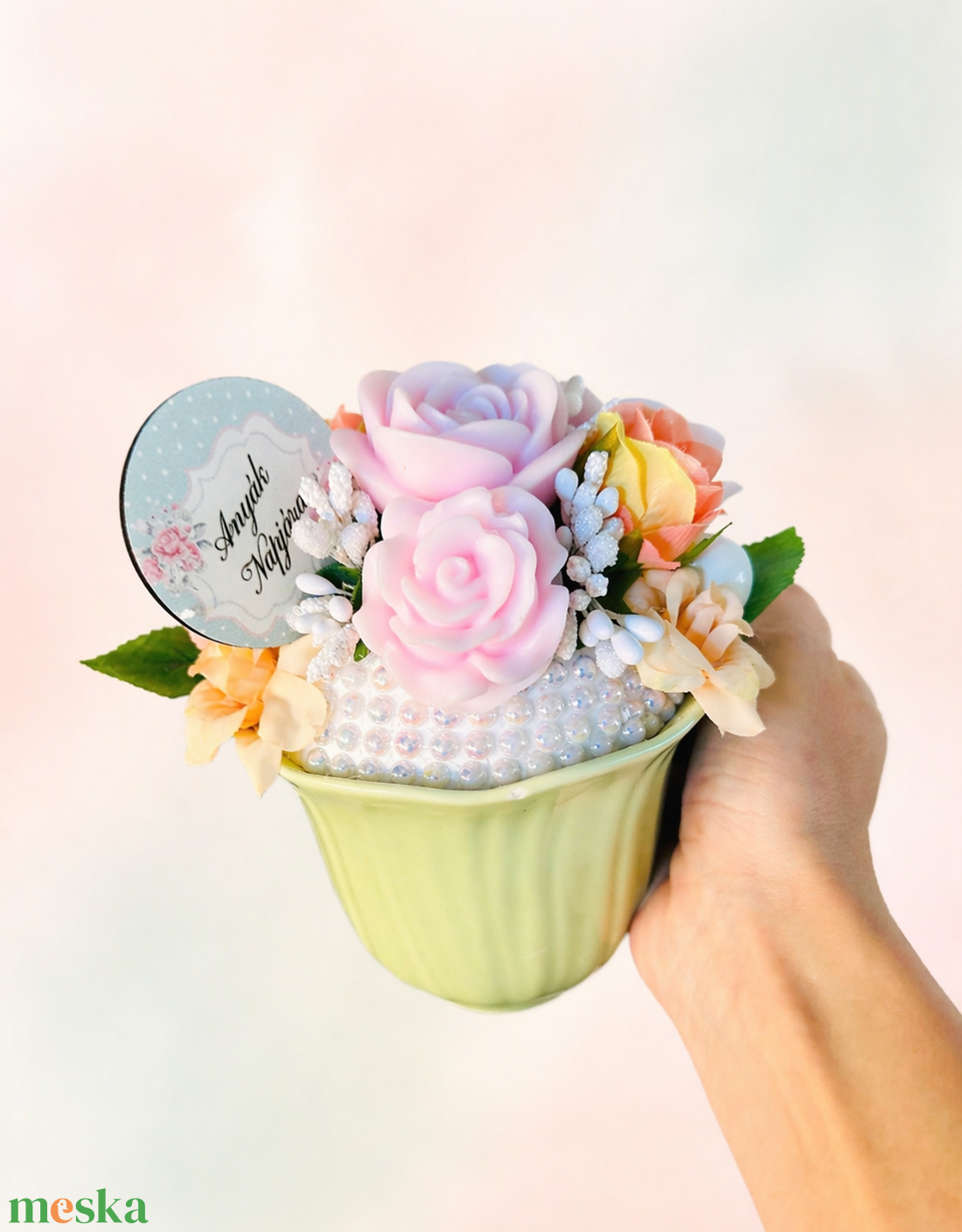 Szappanrózsás csészés anyák napi ajándék � pasztell, gyöngyös virágdísz - szépségápolás - szappan & fürdés - kézműves szappan - Meska.hu
