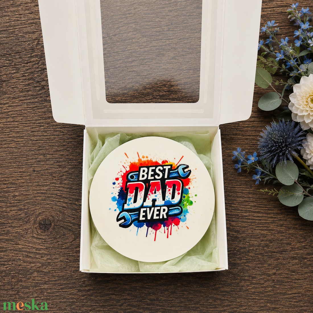 Apák napi kerek hűtőmágnes díszdobozban 9x9 cm � Best Dad Ever ajándék édesapáknak - otthon & életmód - konyhafelszerelés, tálalás - konyhai dekoráció - hűtőmágnes - Meska.hu