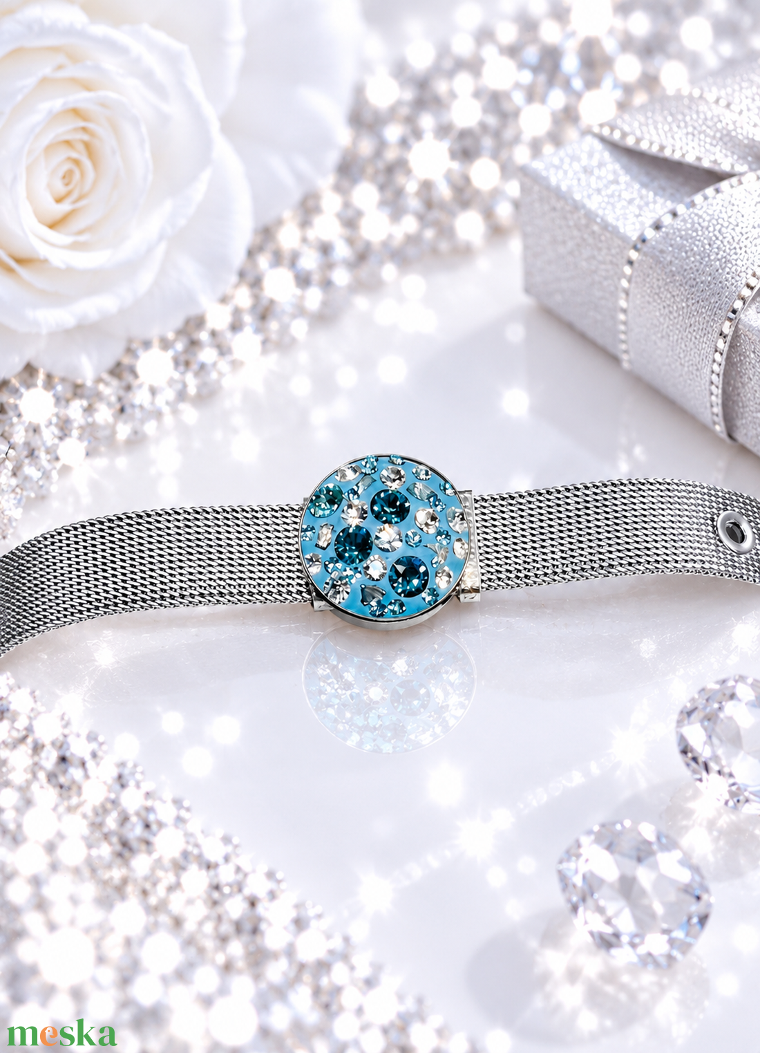 Swarovski /Preciosa kristályos nemesacél óraszíjas karkötő � kék - ékszer - karkötő - karkötő medállal - Meska.hu