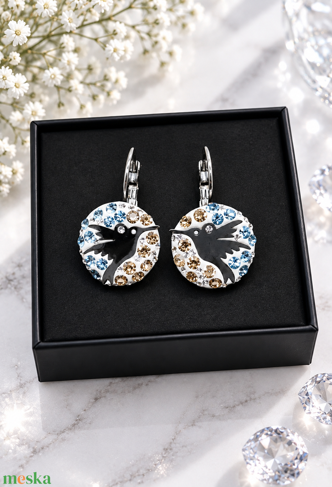 Swarovski/Preciosa kristályos kolibri fülbevaló � francia kapcsos, nemesacél - ékszer - fülbevaló - lógós kerek fülbevaló - Meska.hu