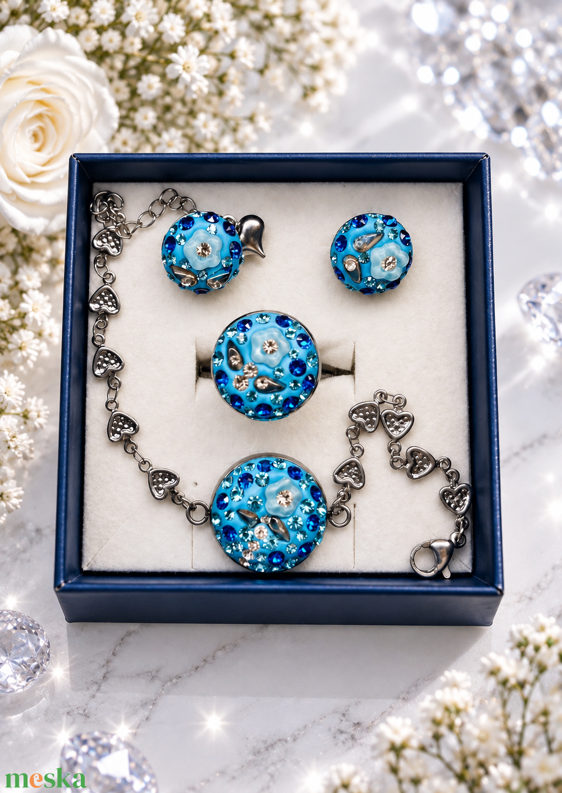 Swarovski /Preciosa kristályos nemesacél ékszerszett � karkötő, gyűrű és bedugós fülbevaló - ékszer - ékszerszett - Meska.hu