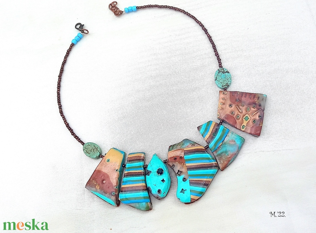 Sea and sand mokume gane polymer clay nyaklánc egyedi medálgyöngyökkel - ékszer - nyaklánc - medálos nyaklánc - Meska.hu