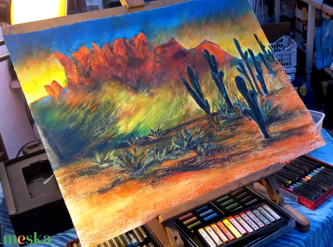 Arizonai napfelkelte nagyméretű porpasztell-olajpasztell mixed media festmény keret nélkül - művészet - festmény - pasztell - Meska.hu
