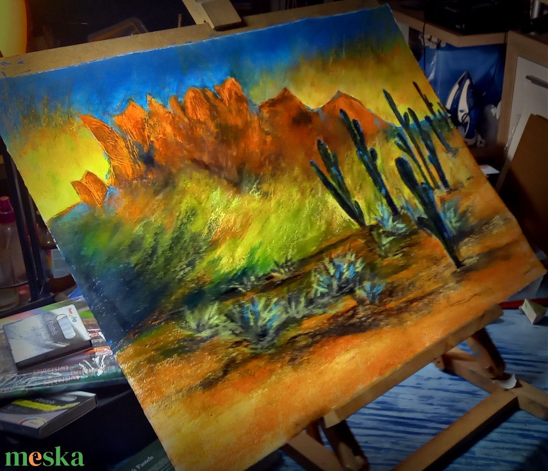Arizonai napfelkelte nagyméretű porpasztell-olajpasztell mixed media festmény keret nélkül - művészet - festmény - pasztell - Meska.hu