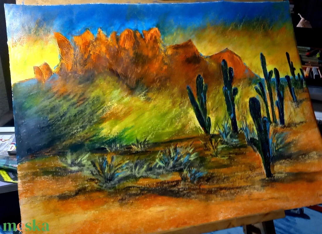 Arizonai napfelkelte nagyméretű porpasztell-olajpasztell mixed media festmény keret nélkül - művészet - festmény - pasztell - Meska.hu