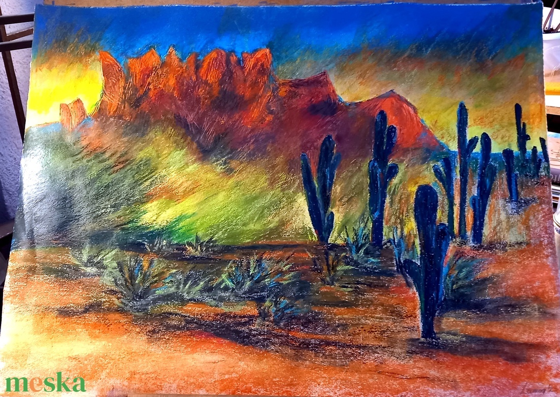 Arizonai napfelkelte nagyméretű porpasztell-olajpasztell mixed media festmény keret nélkül - művészet - festmény - pasztell - Meska.hu