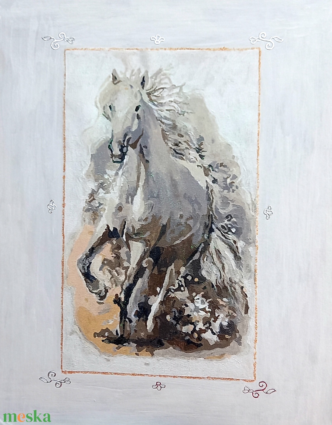 A lovacska elszaladt akril festmény vásznon, kísérő karton kerettel, ezüst sziluett díszekkel, keret nélkül - művészet - festmény - akril - Meska.hu