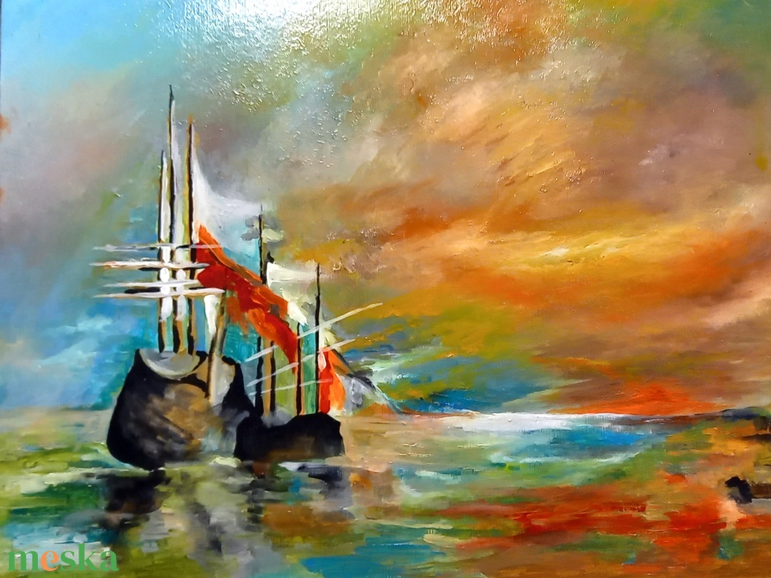 Bárkák apálykor olaj-akril mixed media festmény vászonkartonra, keret nélkül - művészet - festmény - olajfestmény - Meska.hu Bárkák apálykor olaj-akril mixed media festmény vászonkartonra, keret nélkül - művészet - festmény - olajfestmény - Meska.hu
