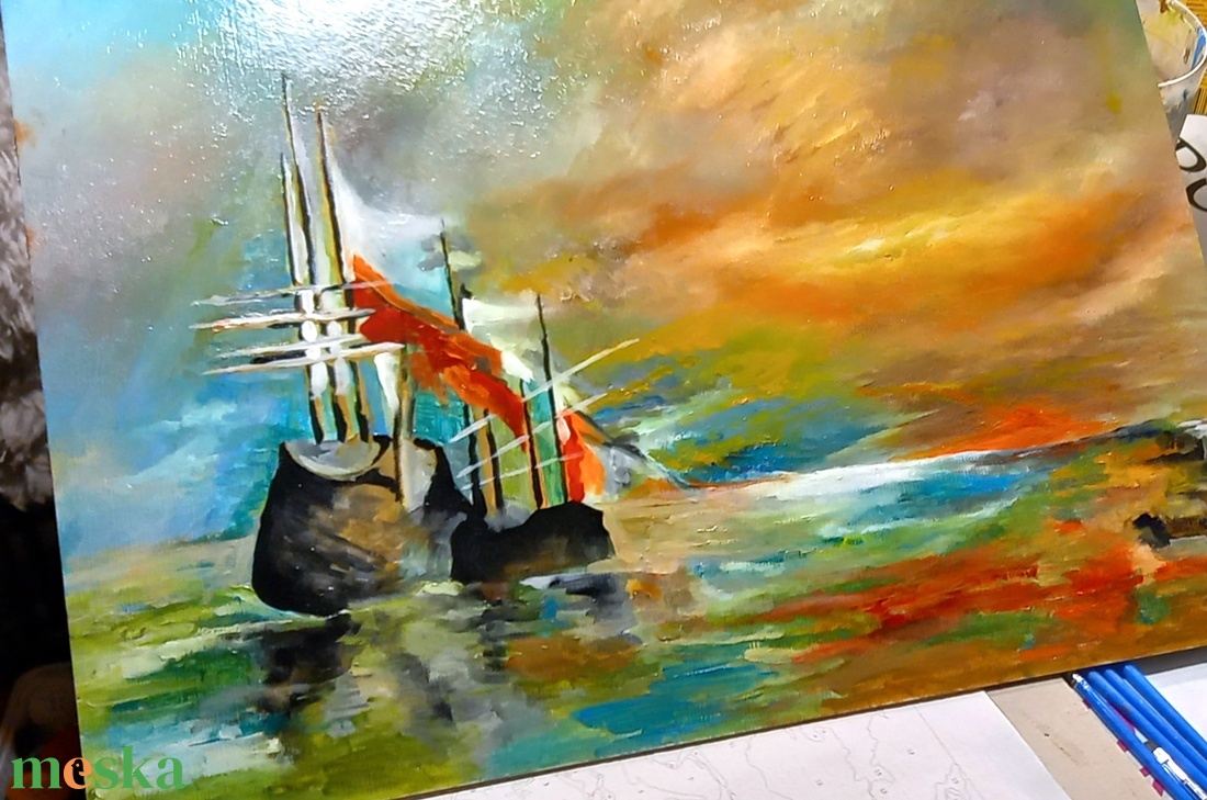 Bárkák apálykor olaj-akril mixed media festmény vászonkartonra, keret nélkül - művészet - festmény - olajfestmény - Meska.hu Bárkák apálykor olaj-akril mixed media festmény vászonkartonra, keret nélkül - művészet - festmény - olajfestmény - Meska.hu