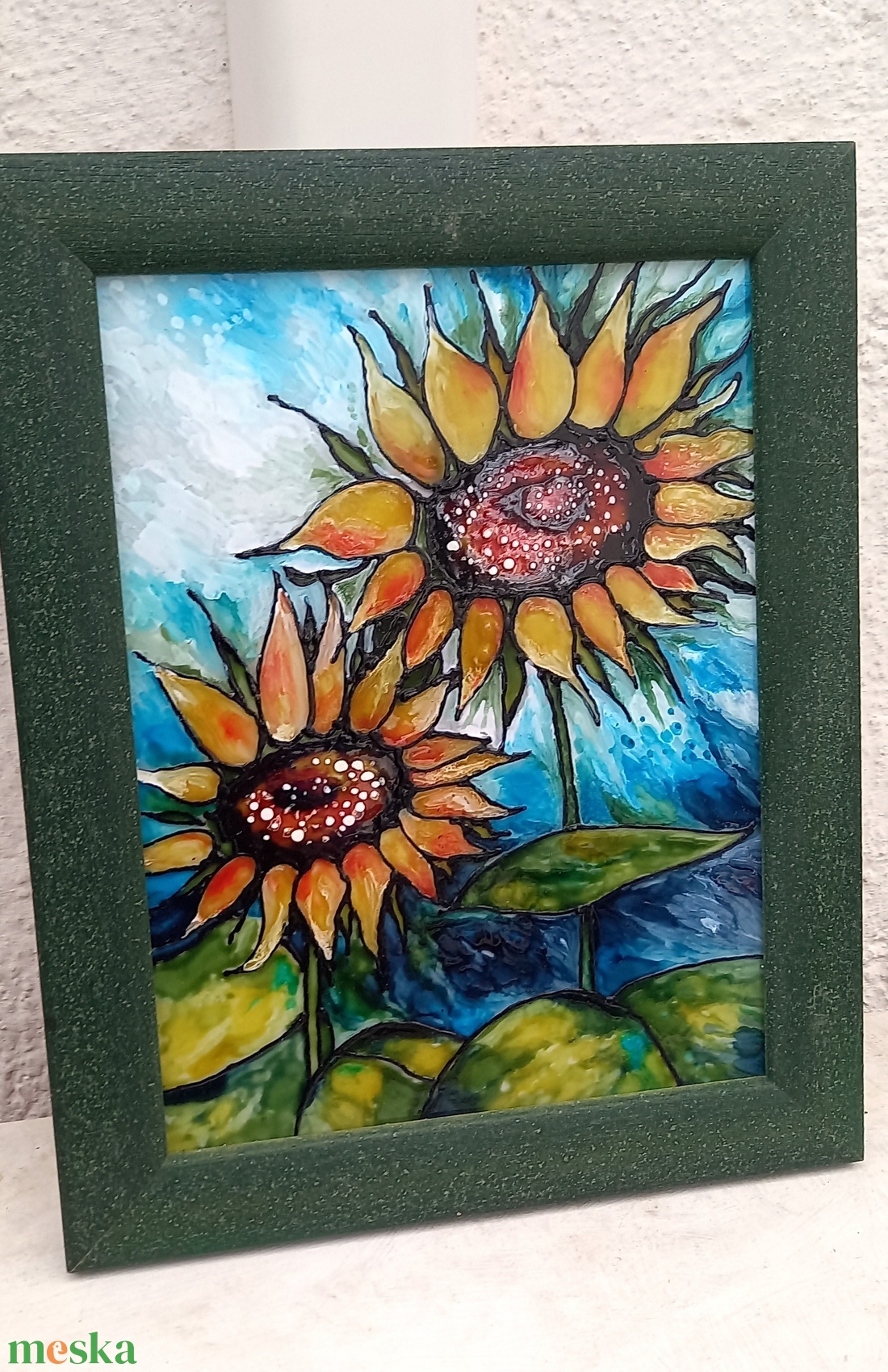 Napraforgók üvegfestmény üvegen, keretben, 29x23 - művészet - festmény - üvegfestmény - Meska.hu Napraforgók üvegfestmény üvegen, keretben, 29x23 - művészet - festmény - üvegfestmény - Meska.hu