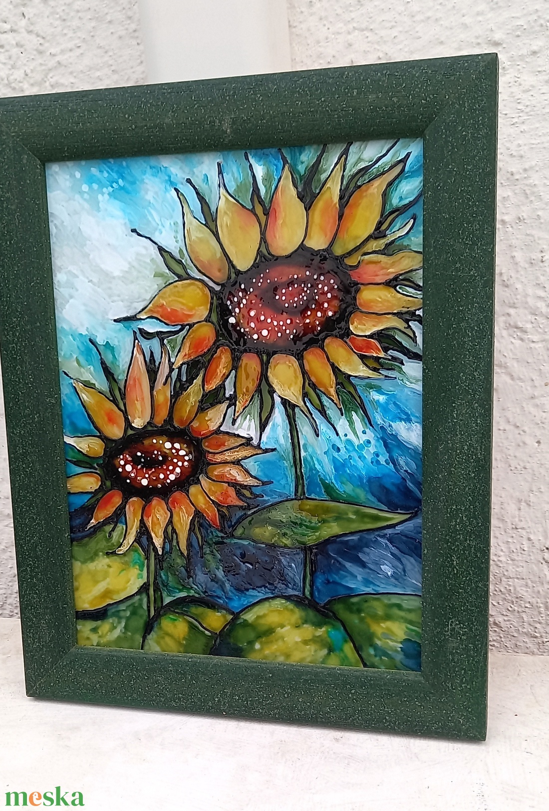 Napraforgók üvegfestmény üvegen, keretben, 29x23 - művészet - festmény - üvegfestmény - Meska.hu Napraforgók üvegfestmény üvegen, keretben, 29x23 - művészet - festmény - üvegfestmény - Meska.hu