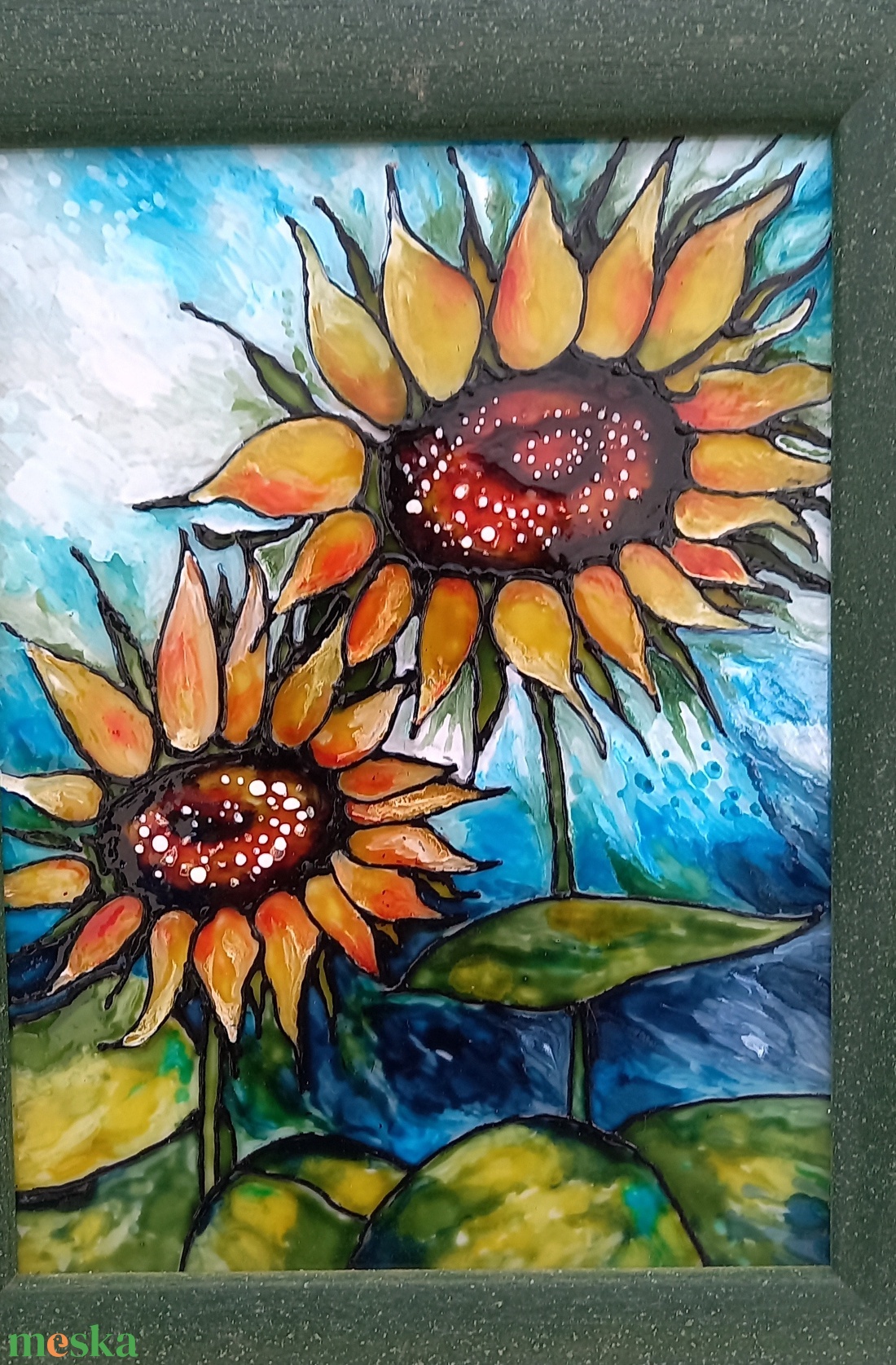 Napraforgók üvegfestmény üvegen, keretben, 29x23 - művészet - festmény - üvegfestmény - Meska.hu Napraforgók üvegfestmény üvegen, keretben, 29x23 - művészet - festmény - üvegfestmény - Meska.hu