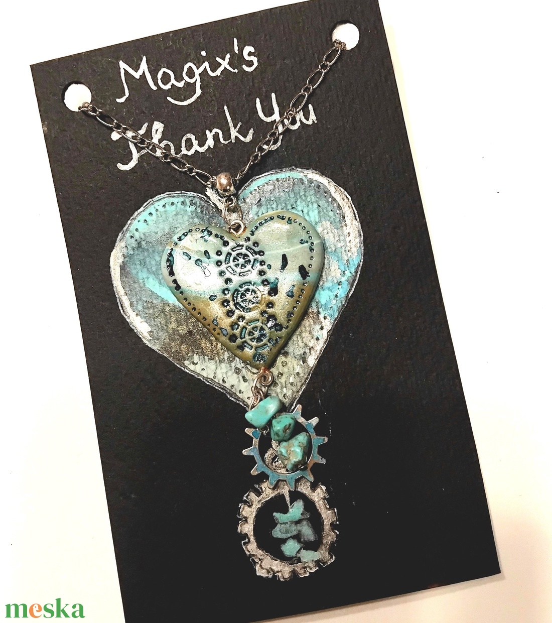 Tengerszem Valentin napi szív medál láncon, kézzel festett köszönőkártyával - ékszer - nyaklánc - medálos nyaklánc - Meska.hu