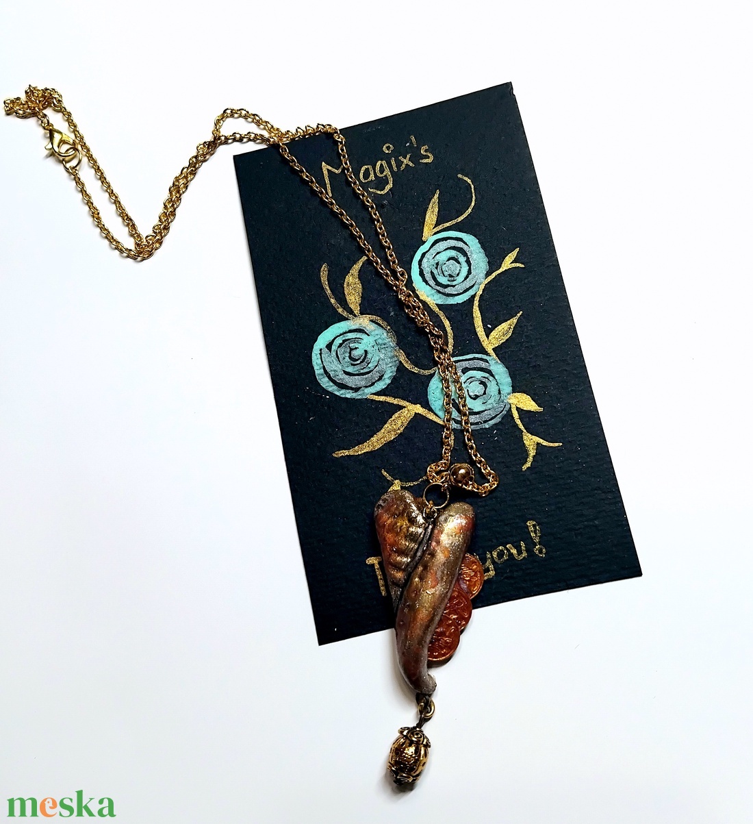 Aranyszív Valentin napi szív medál félhosszú láncon, köszönőkártyával - ékszer - nyaklánc - medálos nyaklánc - Meska.hu