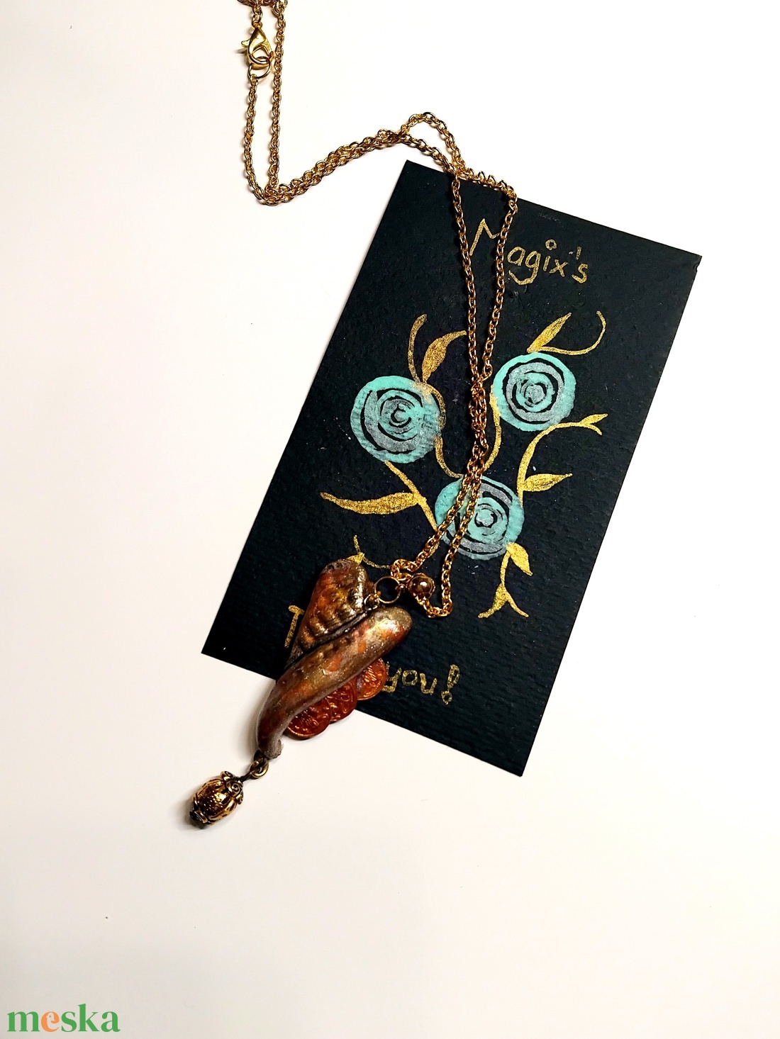 Aranyszív Valentin napi szív medál félhosszú láncon, köszönőkártyával - ékszer - nyaklánc - medálos nyaklánc - Meska.hu