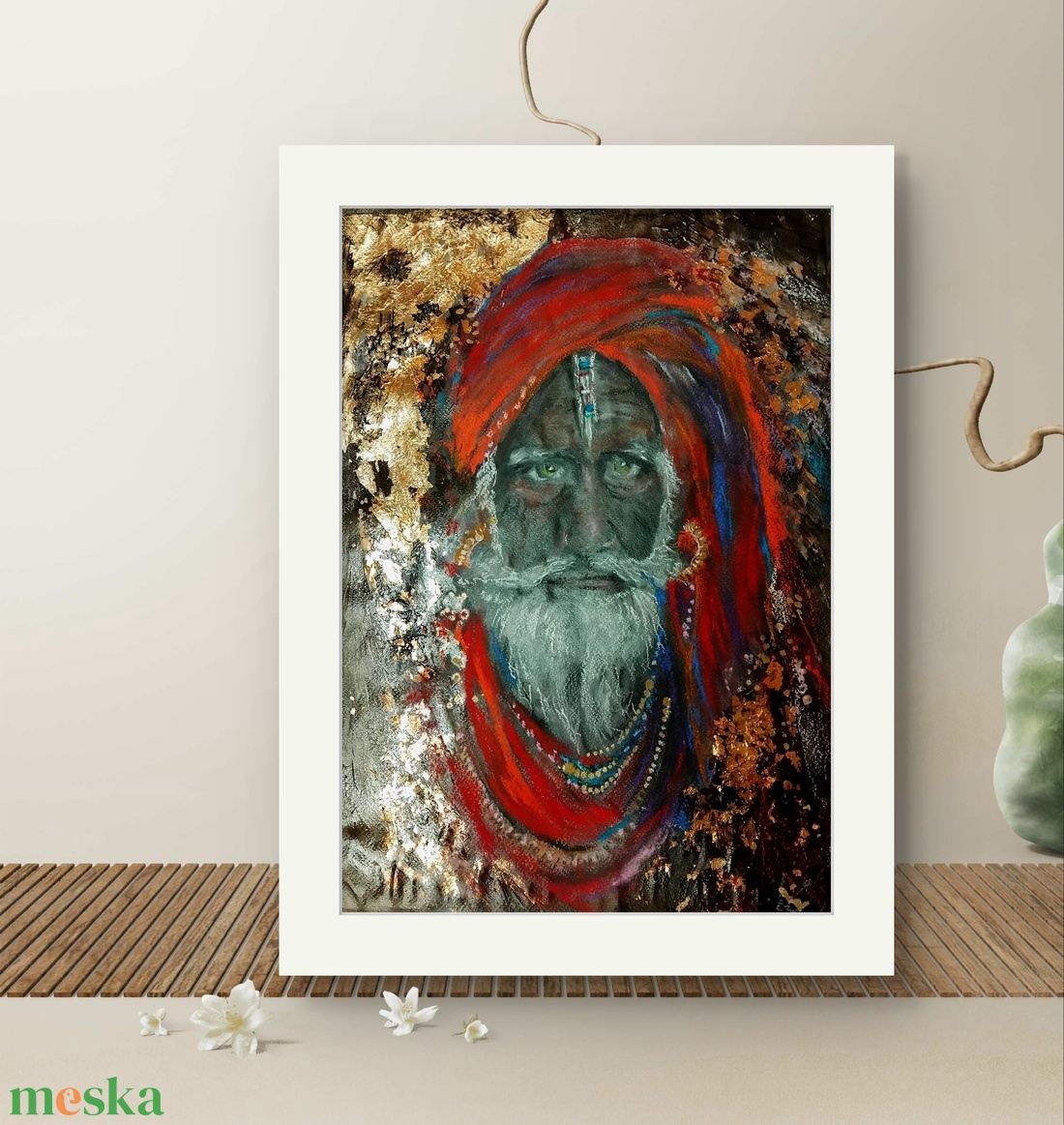 A Guru mixed media pasztell-akril-goldfoil festmény pasztellpapíron, kartonra kasírozva, keret nélkül, A3 - művészet - festmény - festmény vegyes technika - Meska.hu
