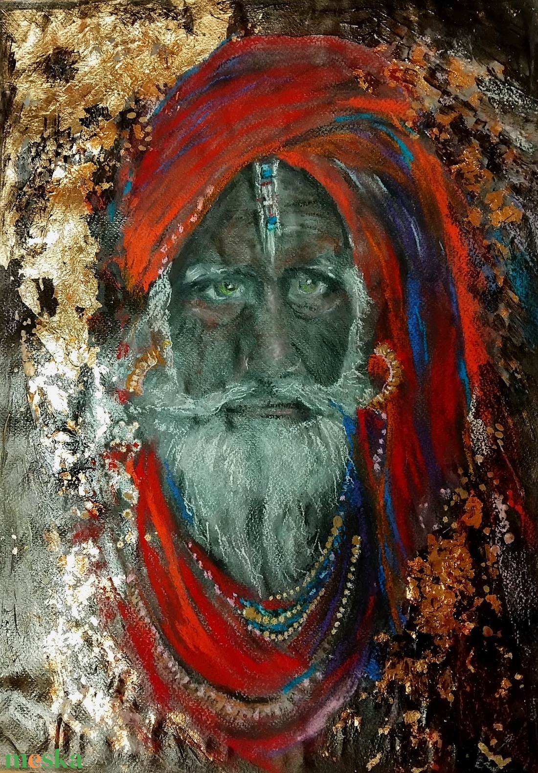 A Guru mixed media pasztell-akril-goldfoil festmény pasztellpapíron, kartonra kasírozva, keret nélkül, A3 - művészet - festmény - festmény vegyes technika - Meska.hu