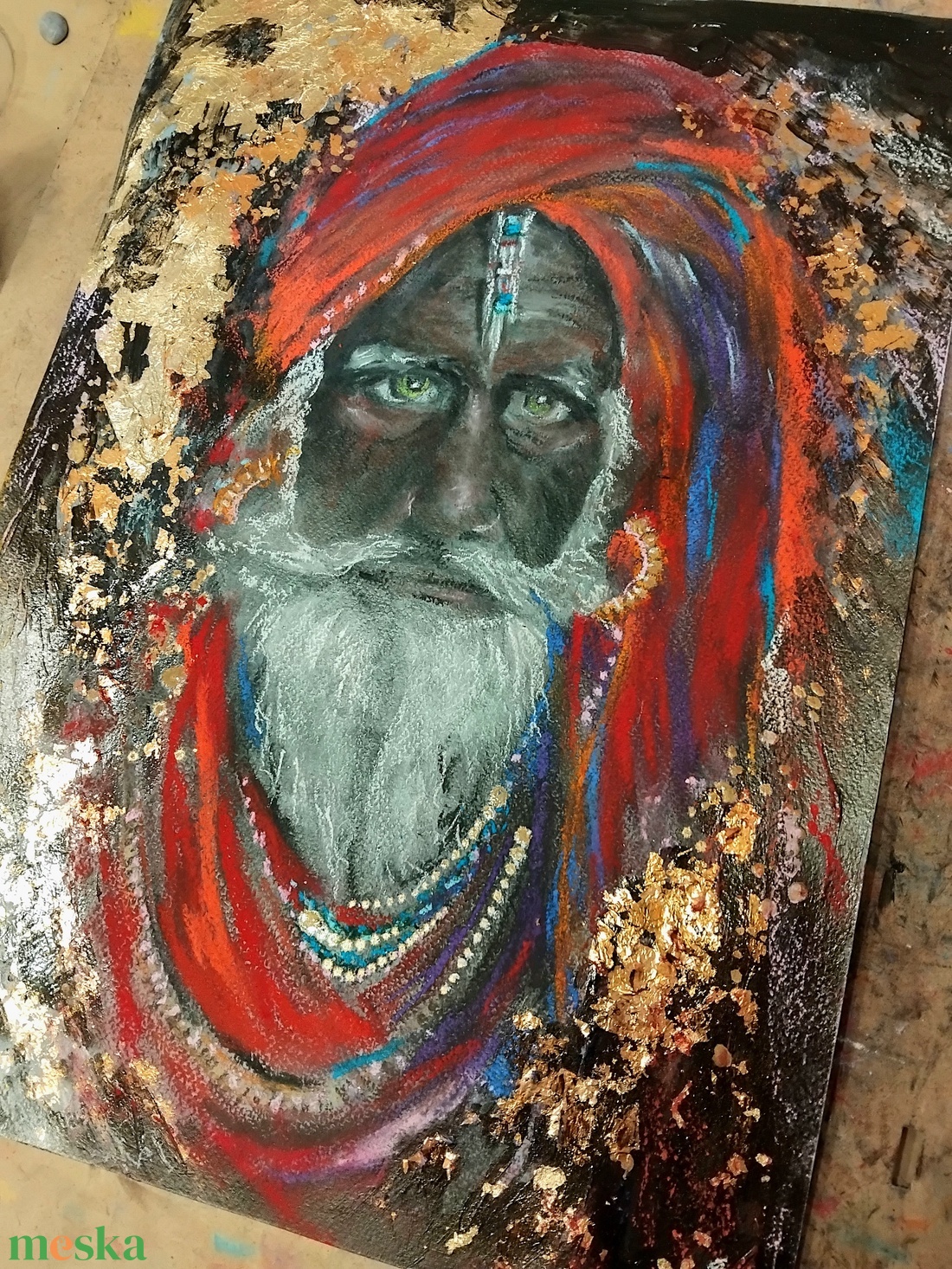 A Guru mixed media pasztell-akril-goldfoil festmény pasztellpapíron, kartonra kasírozva, keret nélkül, A3 - művészet - festmény - festmény vegyes technika - Meska.hu
